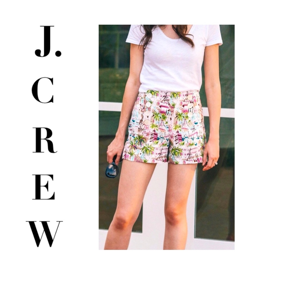 J CREW Linen Blend Shorts Harbor Print size 12 Tropical White Pink
